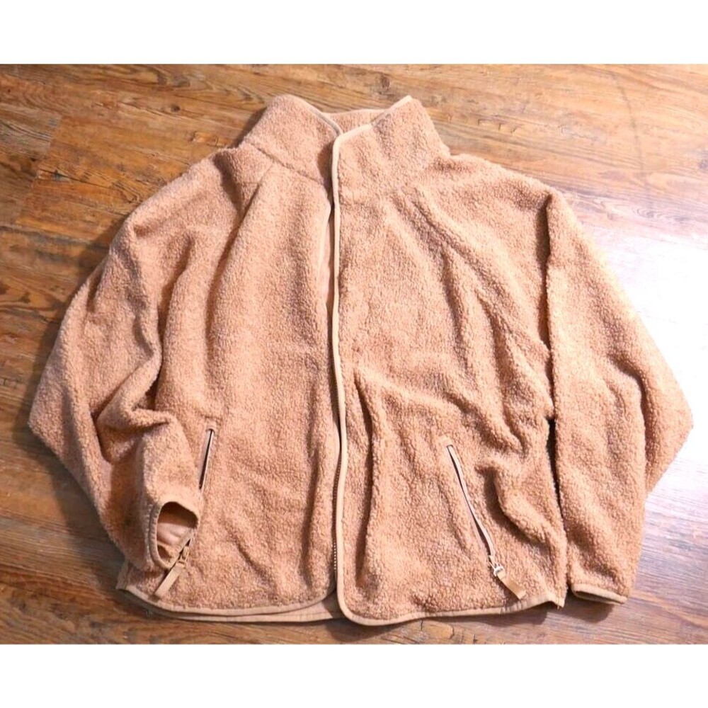 Fuzzy Zip Up Hoodie Jacket Womens Large Brown Tan Furry Faux Fur